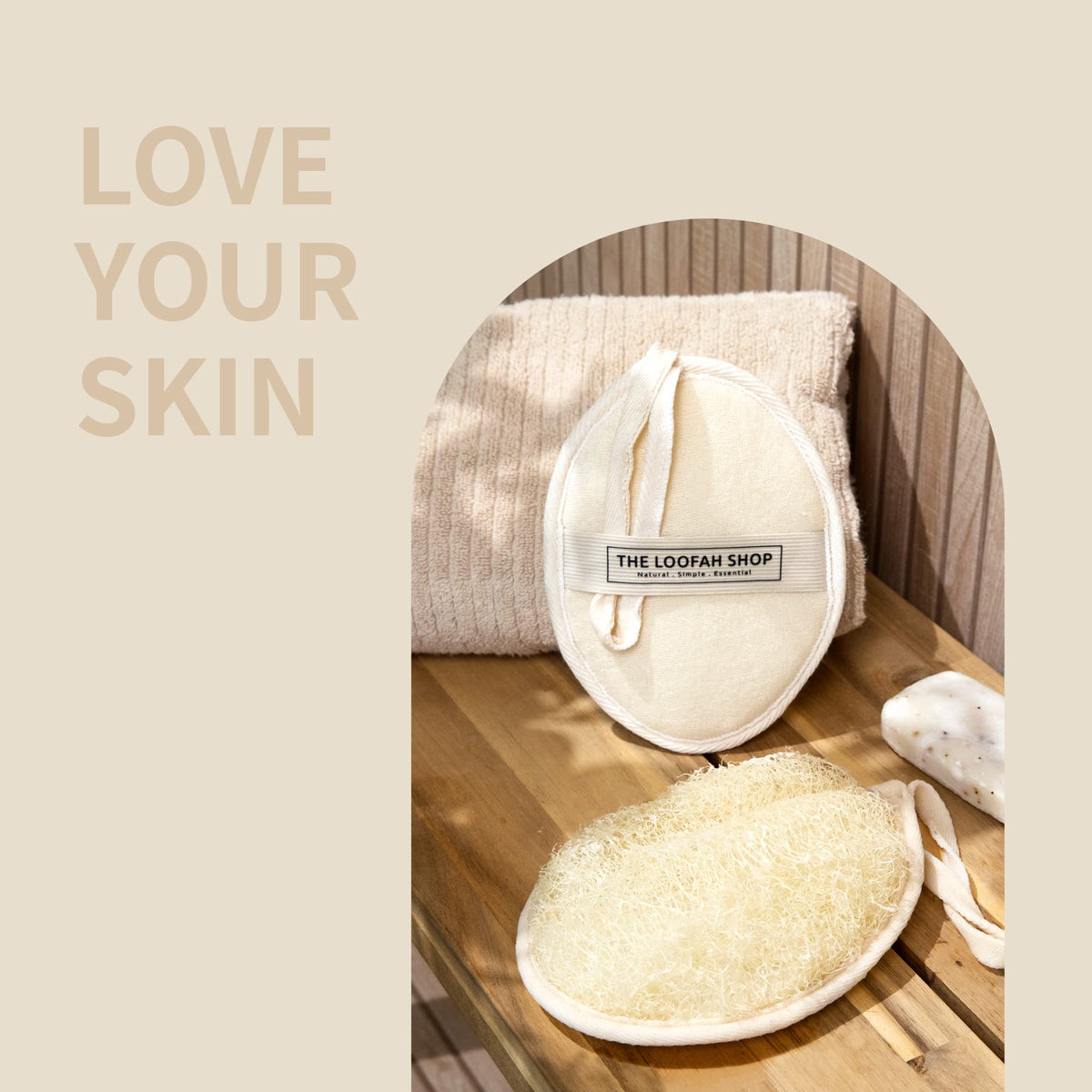 The Loofah Shop loofah in use on wet skin, demonstrating improved lather and cleaner skin
