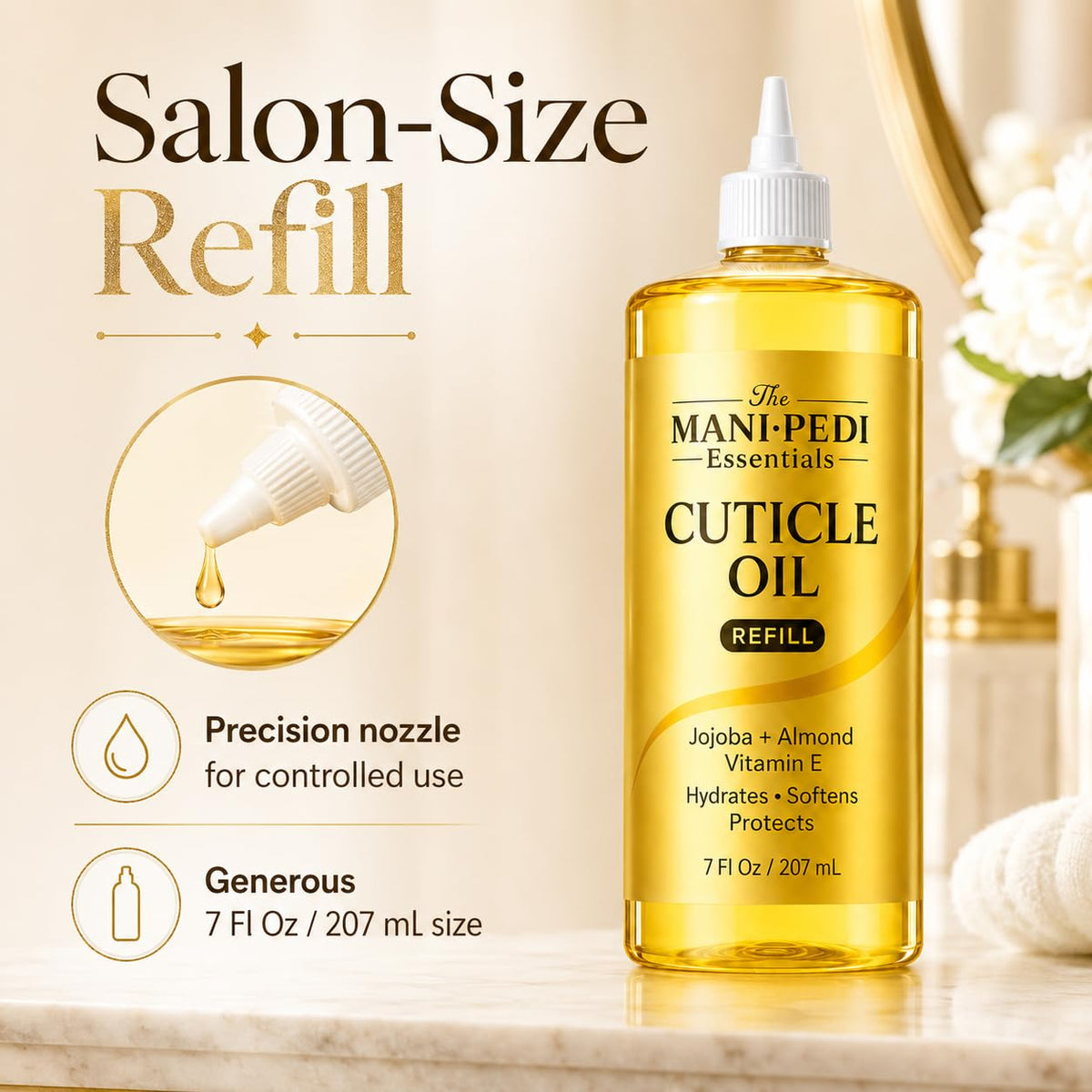 The Mani Pedi Essentials 7 fl oz bottle beside a smaller dispenser for size comparison