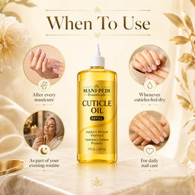 The Mani Pedi Essentials hand applying oil to cuticles showing smoother nail appearance