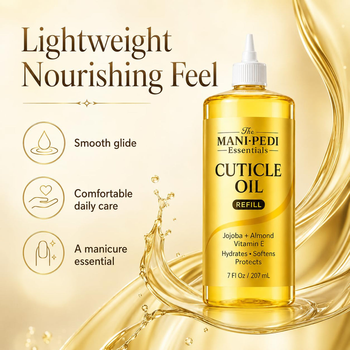 The Mani Pedi Essentials label close-up listing jojoba, almond oil and vitamin E