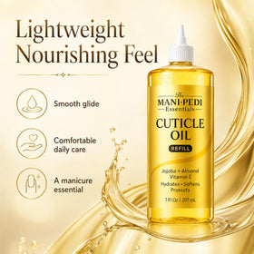 The Mani Pedi Essentials label close-up listing jojoba, almond oil and vitamin E