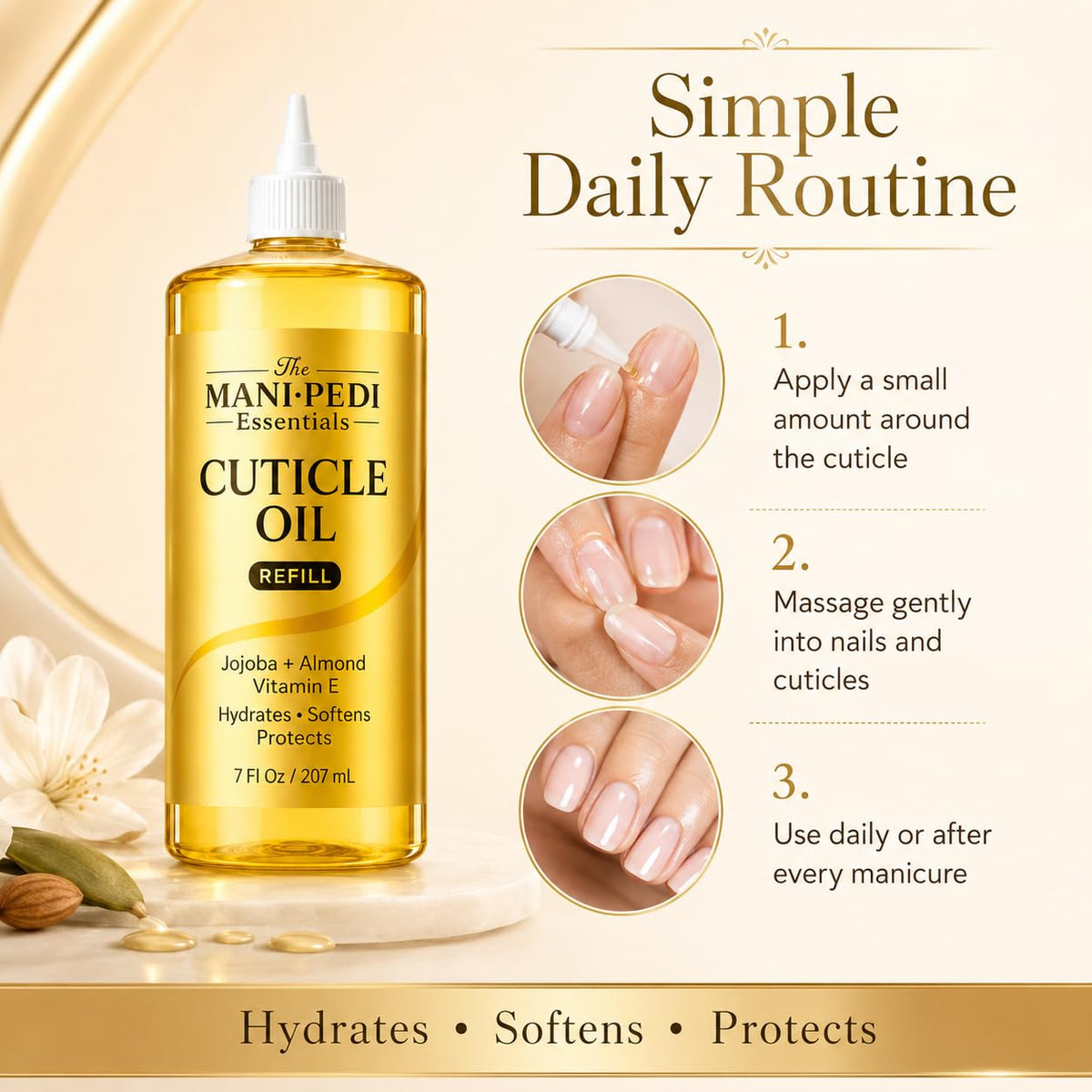 The Mani Pedi Essentials refill bottle topping up a cuticle oil pen for easy use