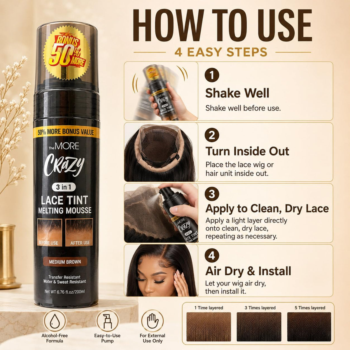 The MORE bottle beside a wig on stand showing convenient styling support benefit