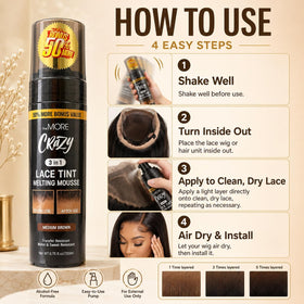 The MORE bottle beside a wig on stand showing convenient styling support benefit