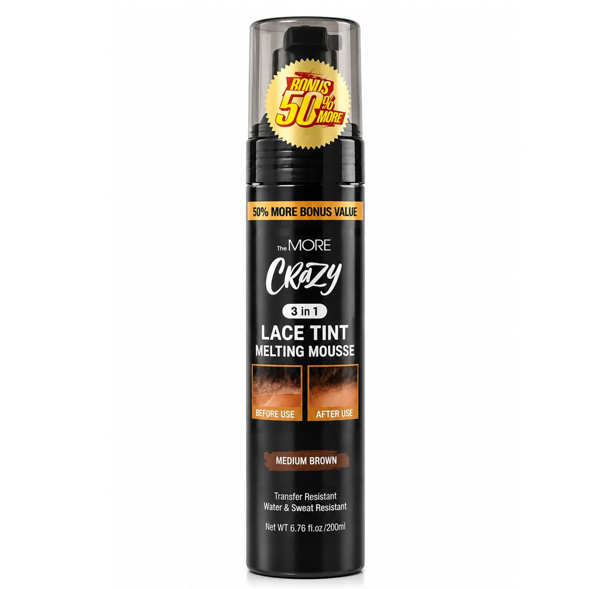 The MORE front packaging in medium brown showing product label and pump benefit