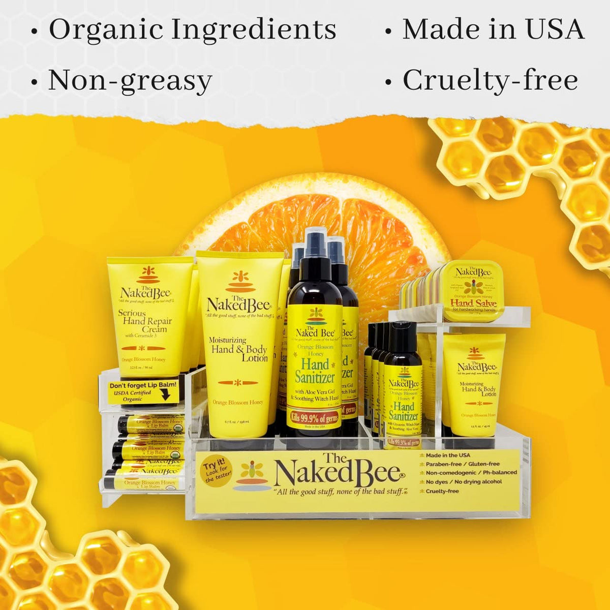 The Naked Bee balm next to ruler illustrating 2 oz size for travel-friendly care