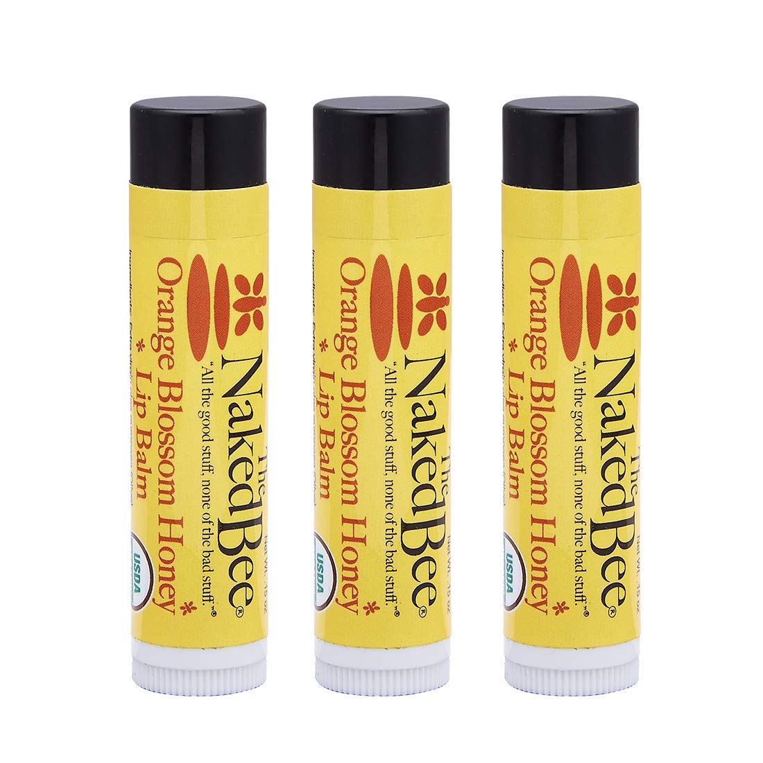The Naked Bee front packaging showing three lip balm tubes and flavor
