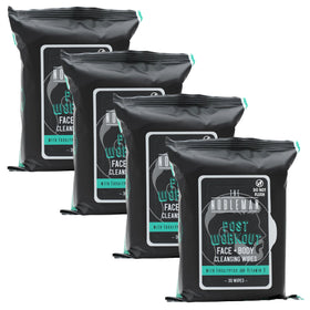 The Nobleman front view of four sealed cleansing wipe packs showing packaging benefit
