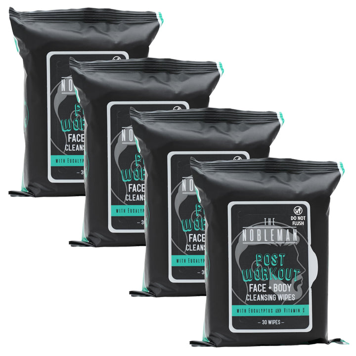 The Nobleman front view of four sealed cleansing wipe packs showing packaging benefit