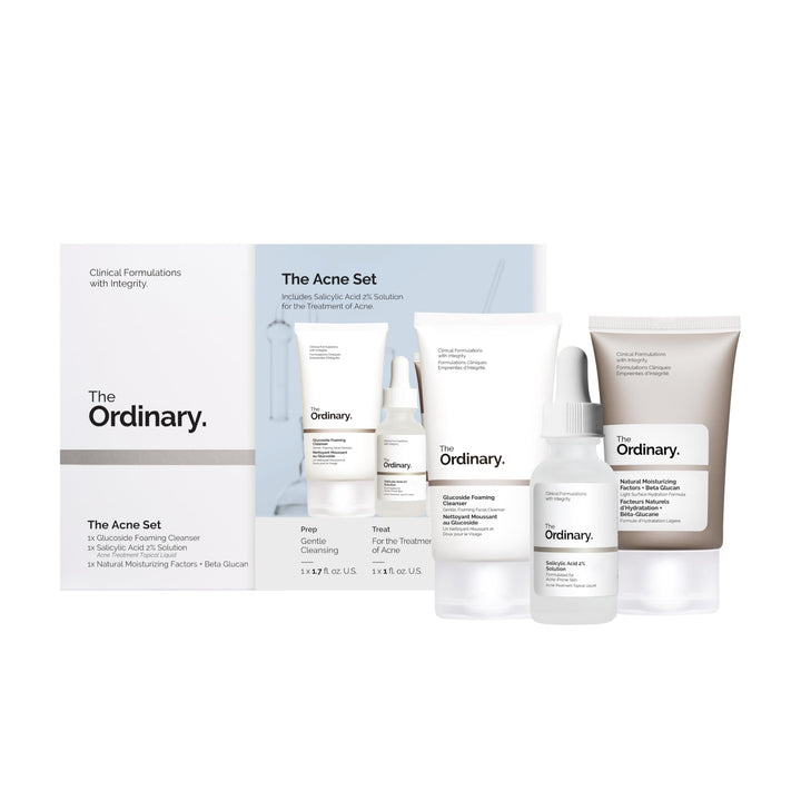The Ordinary acne set front view showing three products for a clear routine