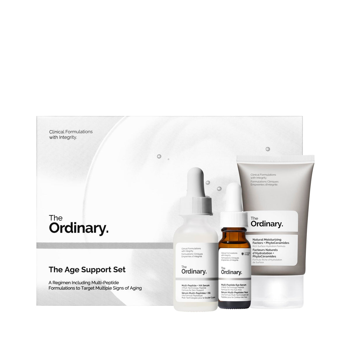 The Ordinary Age Support Set flatlay showing all three products and benefits