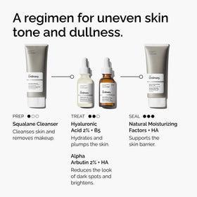 The Ordinary bottle beside sunscreen, emphasizes recommended daytime SPF protection benefit