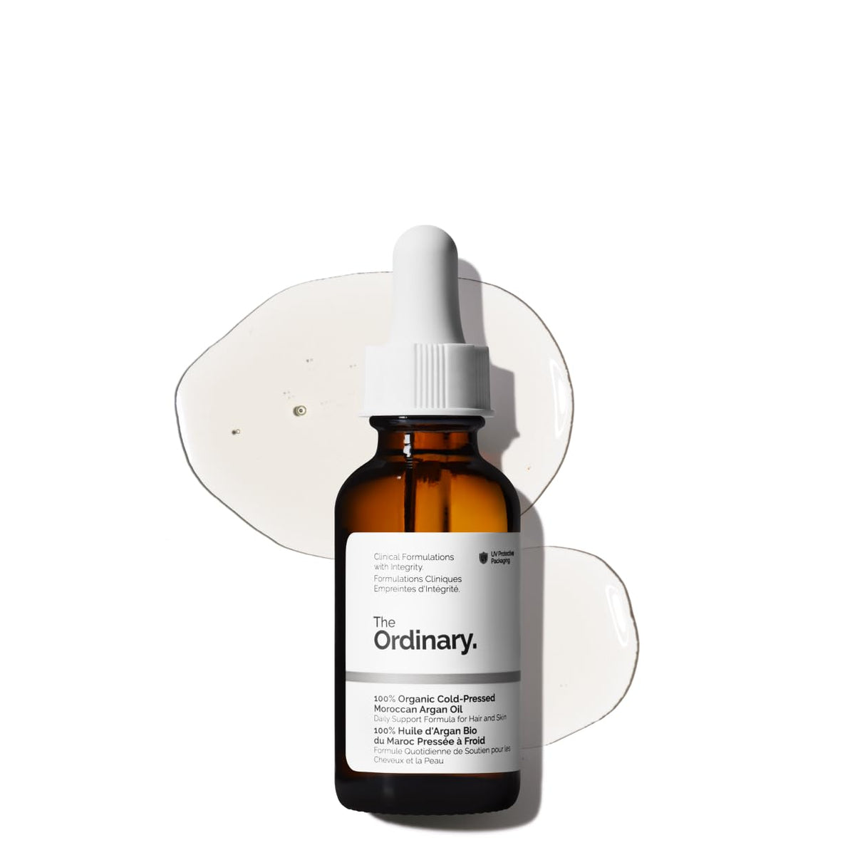 The Ordinary argan oil front bottle view showing clean packaging and nourishing benefit