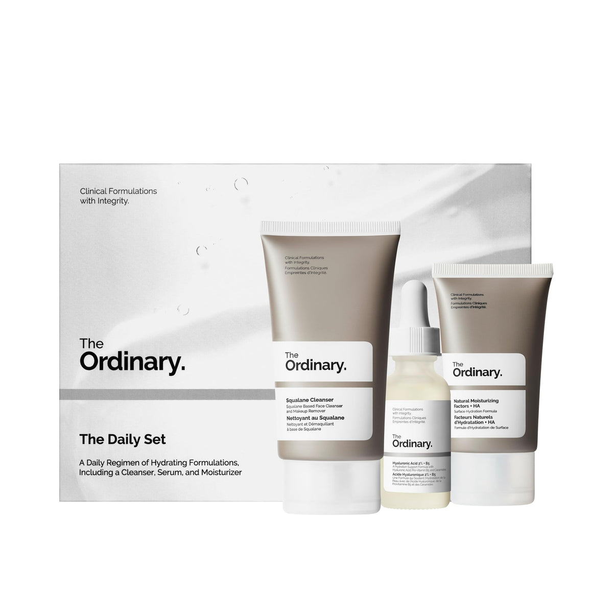 The Ordinary front packaging of The Daily Set showing three products and benefits
