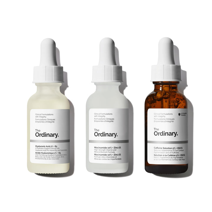 The Ordinary front packaging showing three serum bottles and clear benefits