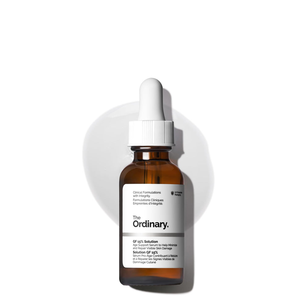 The Ordinary GF 15% Solution front bottle showing clean packaging and anti-aging benefit