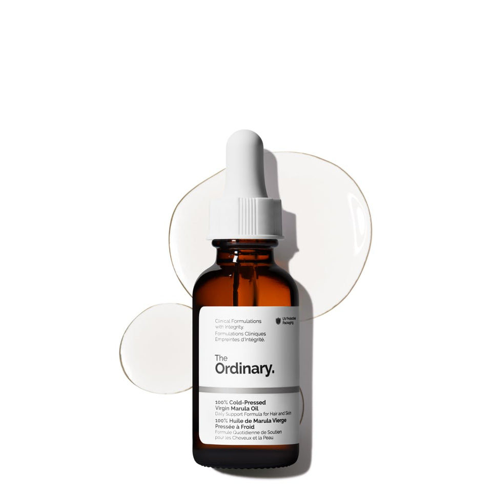 The Ordinary marula oil front bottle showing minimalist packaging and purity benefit