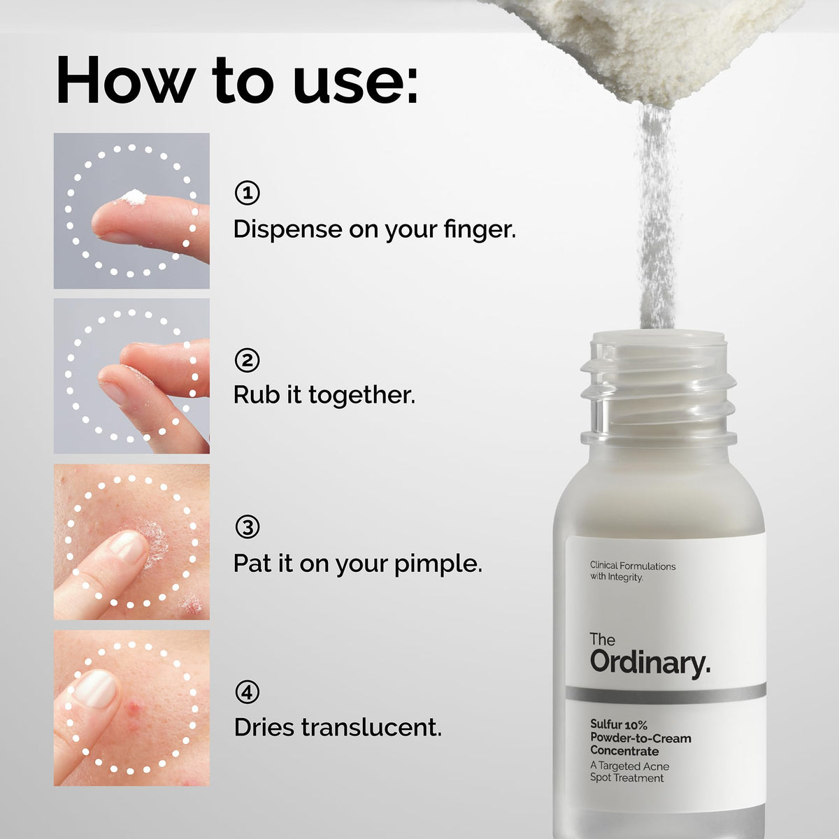 The Ordinary powder-to-cream conversion on skin illustrating discreet blend