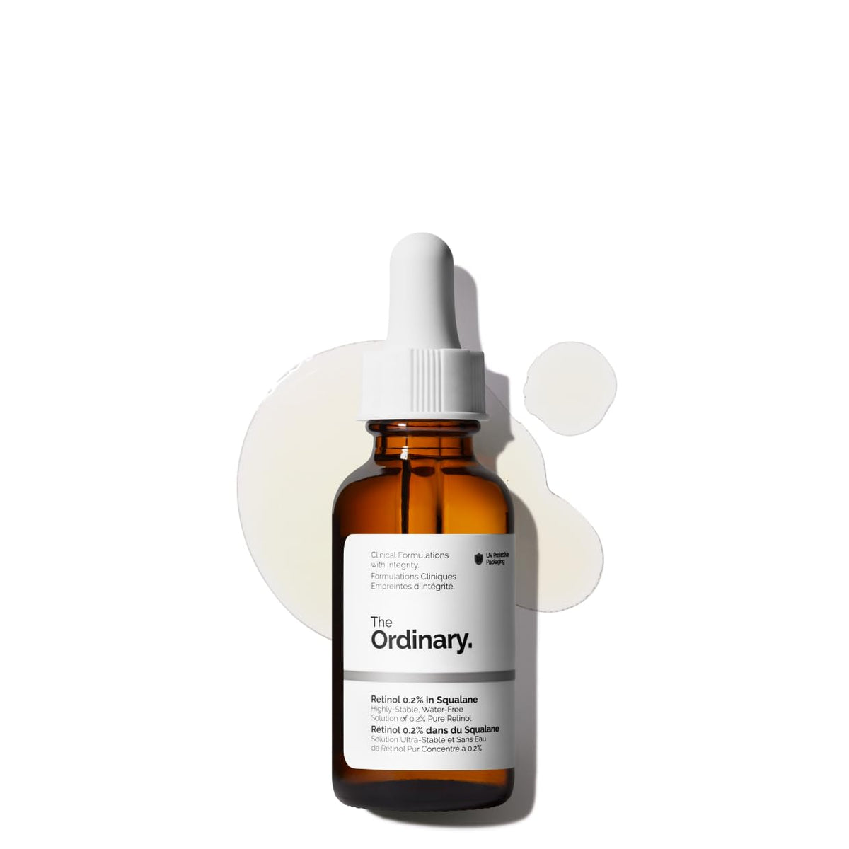 The Ordinary retinol front packaging showing bottle and label, clear product identity and benefits