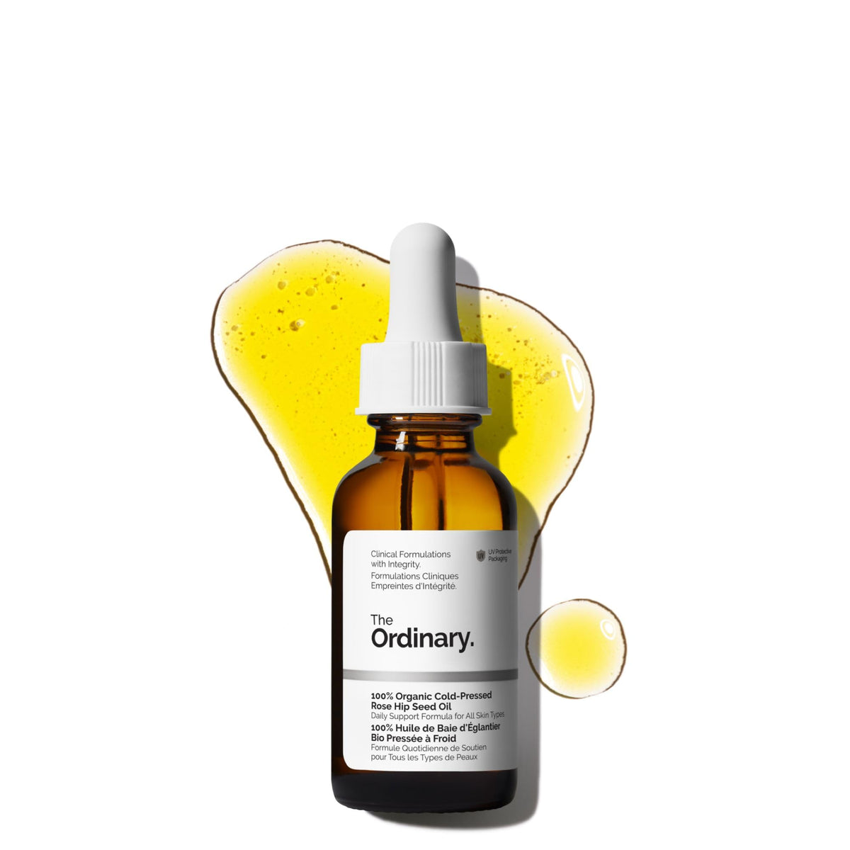The Ordinary front bottle view showing label and organic oil benefit