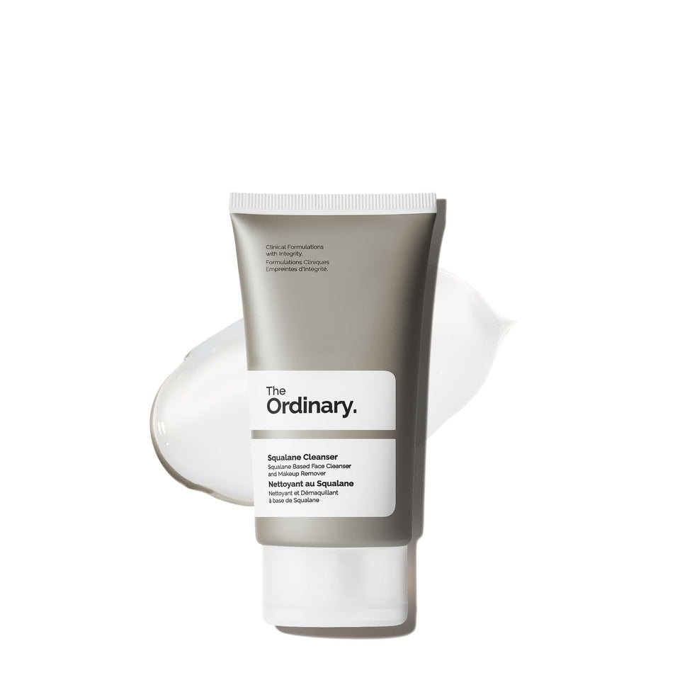 The Ordinary squalane cleanser front packaging showing travel-size bottle and label benefit