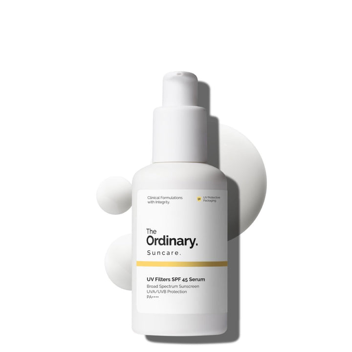The Ordinary front packaging showing SPF 45 and travel size benefit