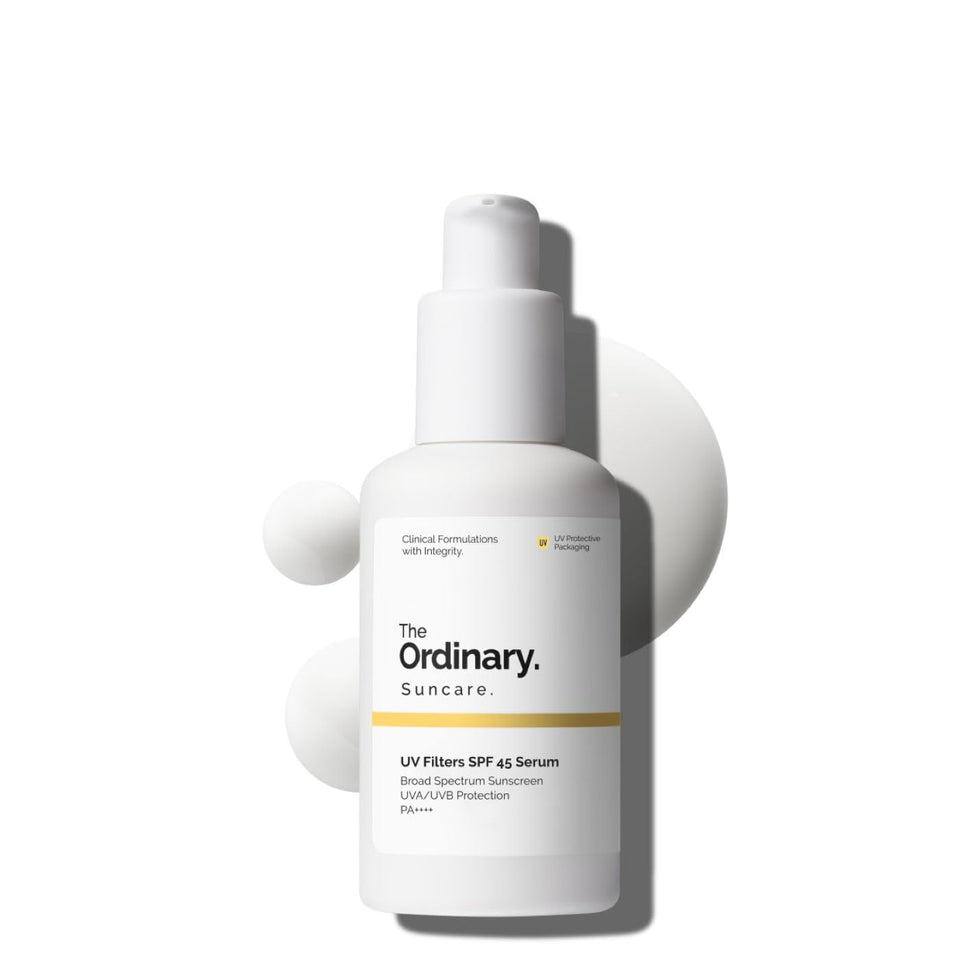 The Ordinary front packaging showing SPF 45 and travel size benefit