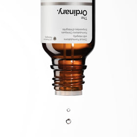The Ordinary bottle on bathroom shelf in clean routine setting suggesting easy daily use