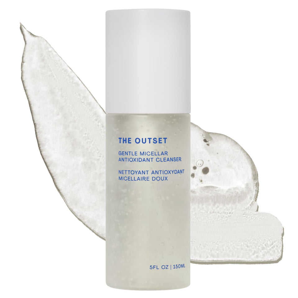 The Outset front packaging shows 5 fl oz bottle and clean design, gentle cleansing benefit
