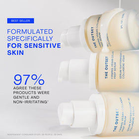 The Outset serum with botanical ingredient visuals highlighting clean formula