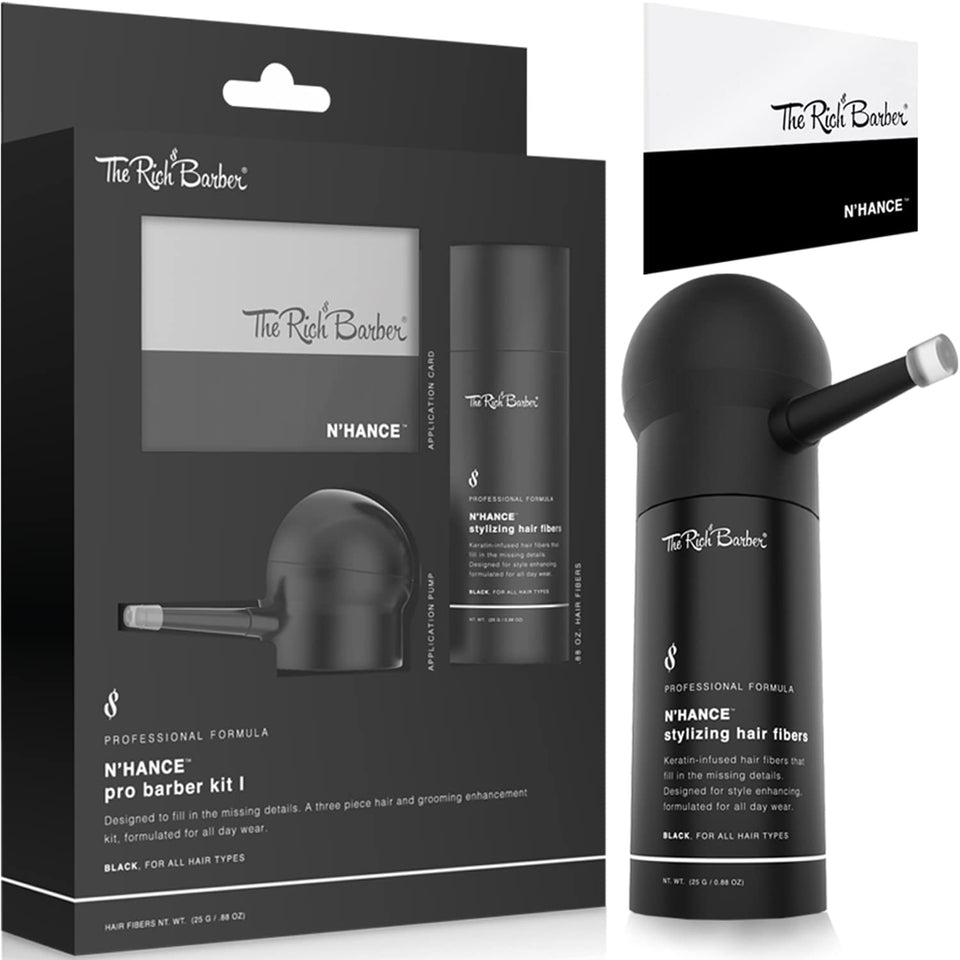 The Rich Barber front packaging showing kit components and professional styling benefit