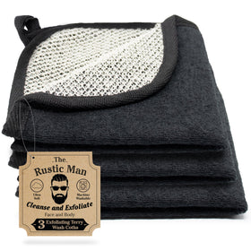 The Rustic Man folded three-pack wash cloths front view shows sleek black cloths and compact packing benefit