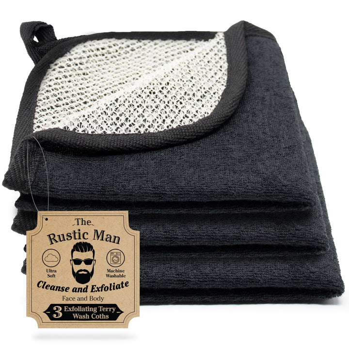 The Rustic Man folded three-pack wash cloths front view shows sleek black cloths and compact packing benefit