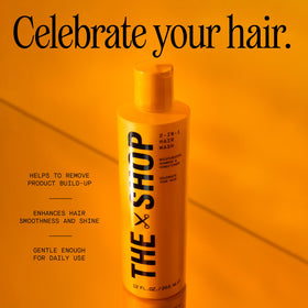 The Shop Uninterrupted in-shower use showing foam on hair, conveying fast cleansing and conditioning