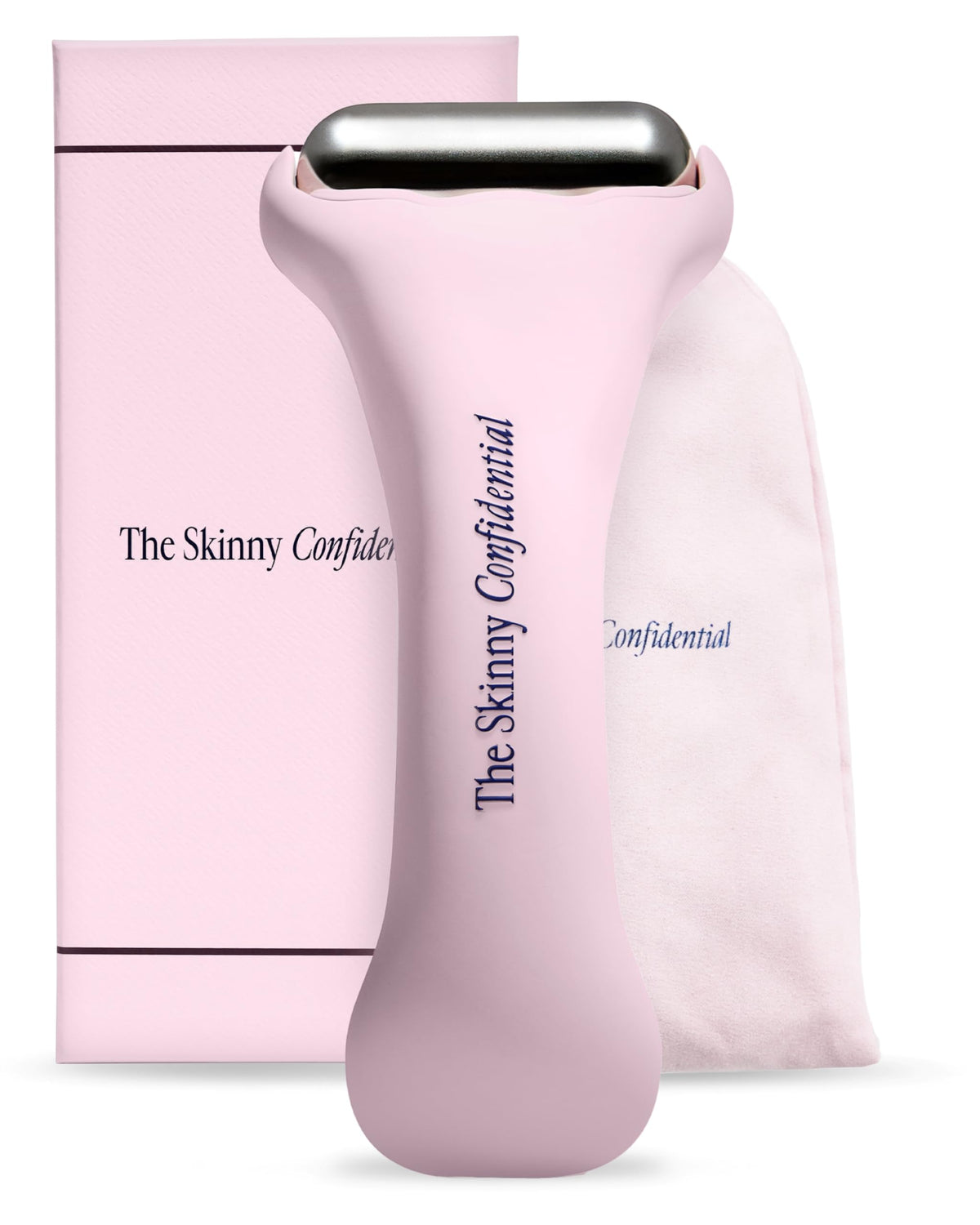 The Skinny Confidential front view of roller showing sleek pink design and benefit of easy cooling