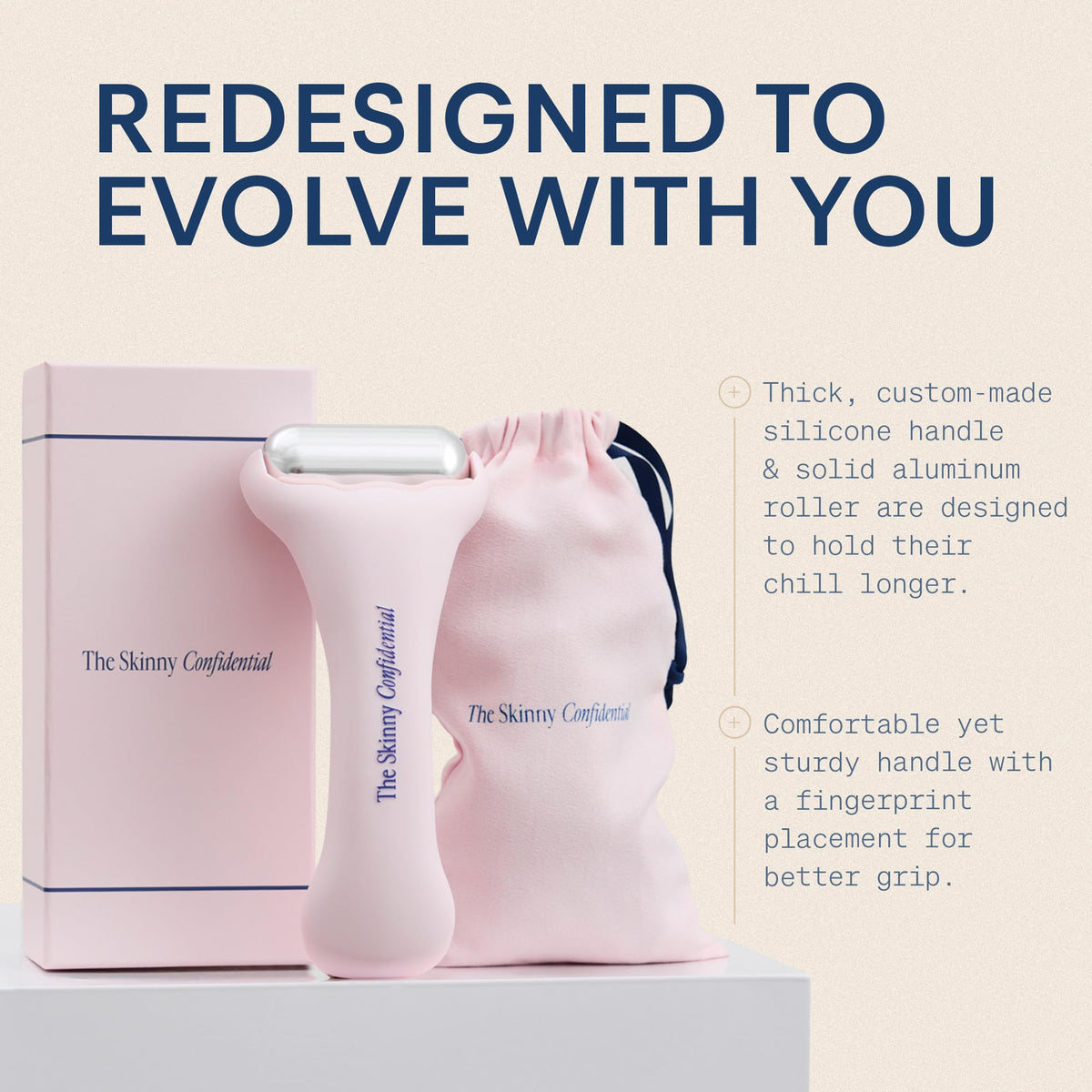 The Skinny Confidential roller in use on face demonstrating reduced puffiness and soothing effect