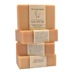 The Soap Haven front packaging showing four goat milk honey bars for gentle cleansing
