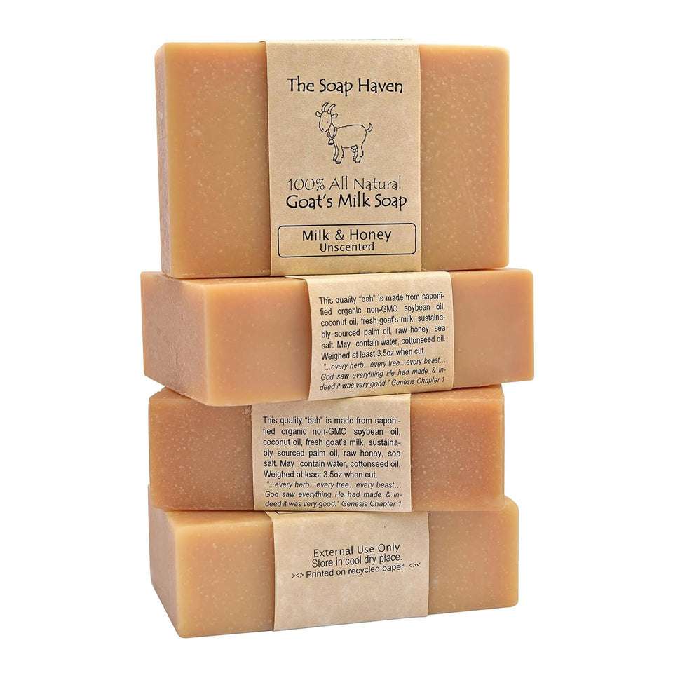The Soap Haven front packaging showing four goat milk honey bars for gentle cleansing