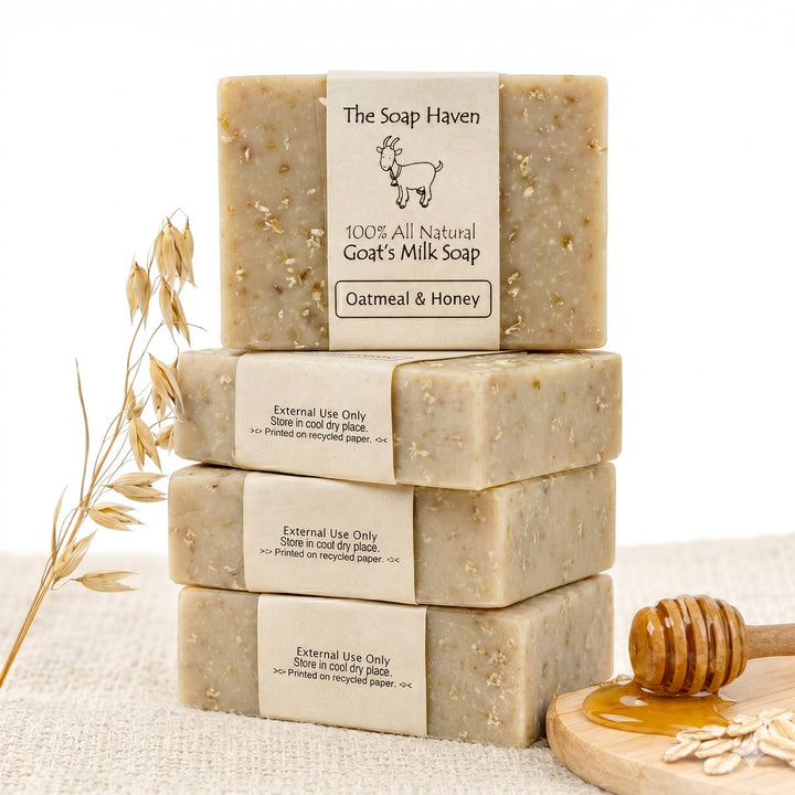 The Soap Haven front packaging showing four oatmeal honey goat milk bars, natural benefits