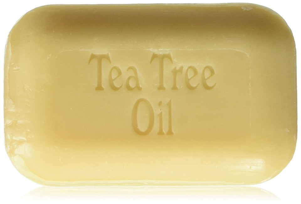 THE SOAP WORKS front view of tea tree soap bar showing label and natural benefits