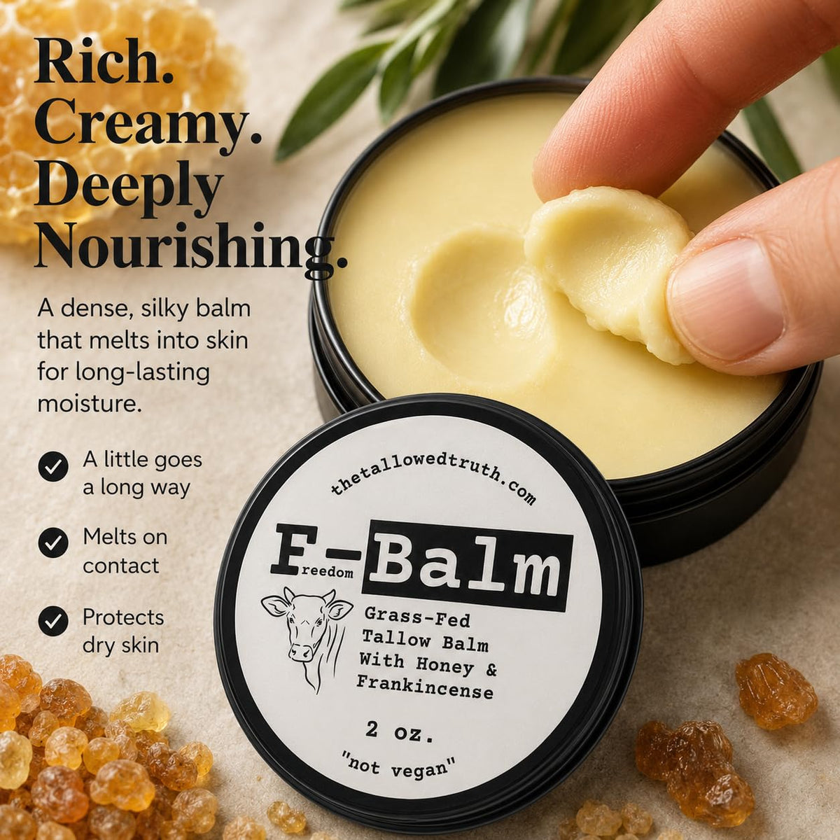 The Tallowed Truth ingredient label listing five simple components for transparency