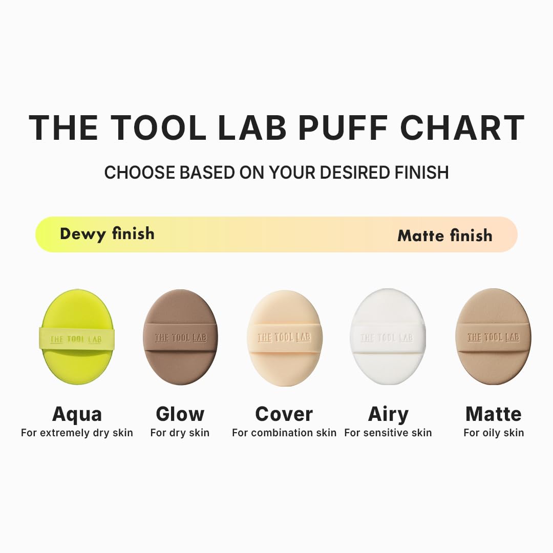 THE TOOL LAB puff placed on vanity in lifestyle scene showing dewy finish benefit