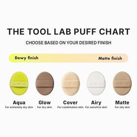 THE TOOL LAB puff placed on vanity in lifestyle scene showing dewy finish benefit