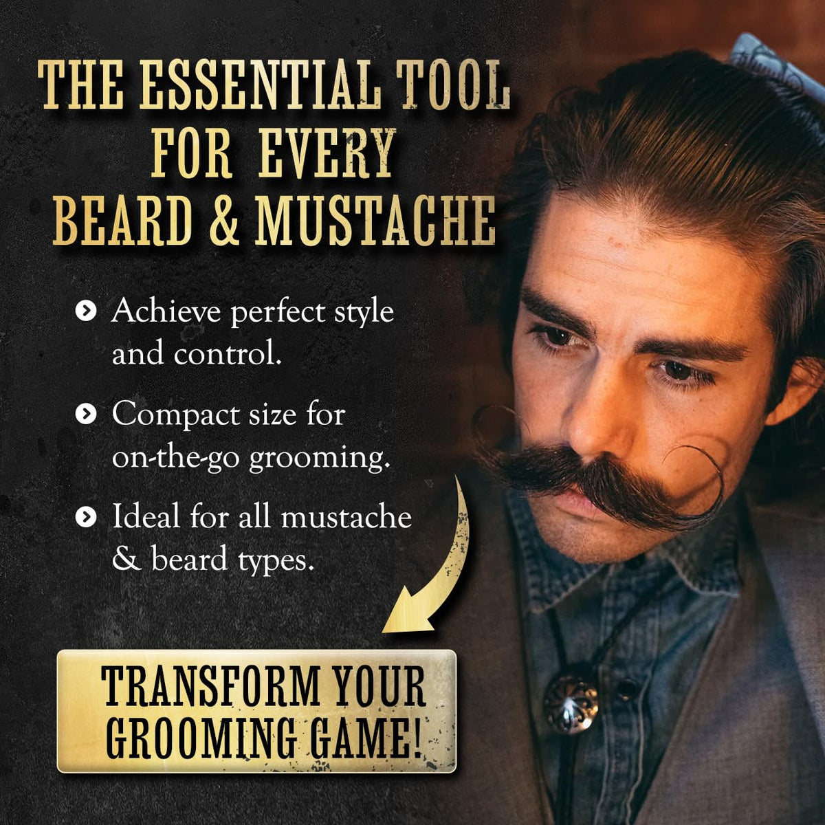THE VINTAGE GROOMING CO. comb styling a handlebar moustache showing even hold and crisp tips