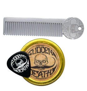 THE VINTAGE GROOMING CO. Sudden Death tin front view showing compact travel-ready design and strong hold