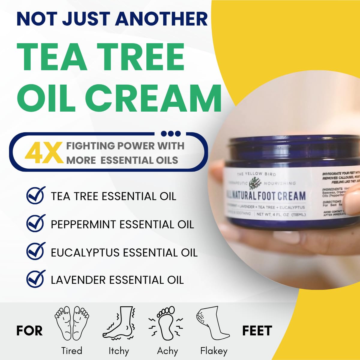The Yellow Bird balm applied on heel demonstrating softening benefit and usage