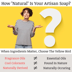 The Yellow Bird soap beside shea butter and oils showing nourishing ingredients benefit
