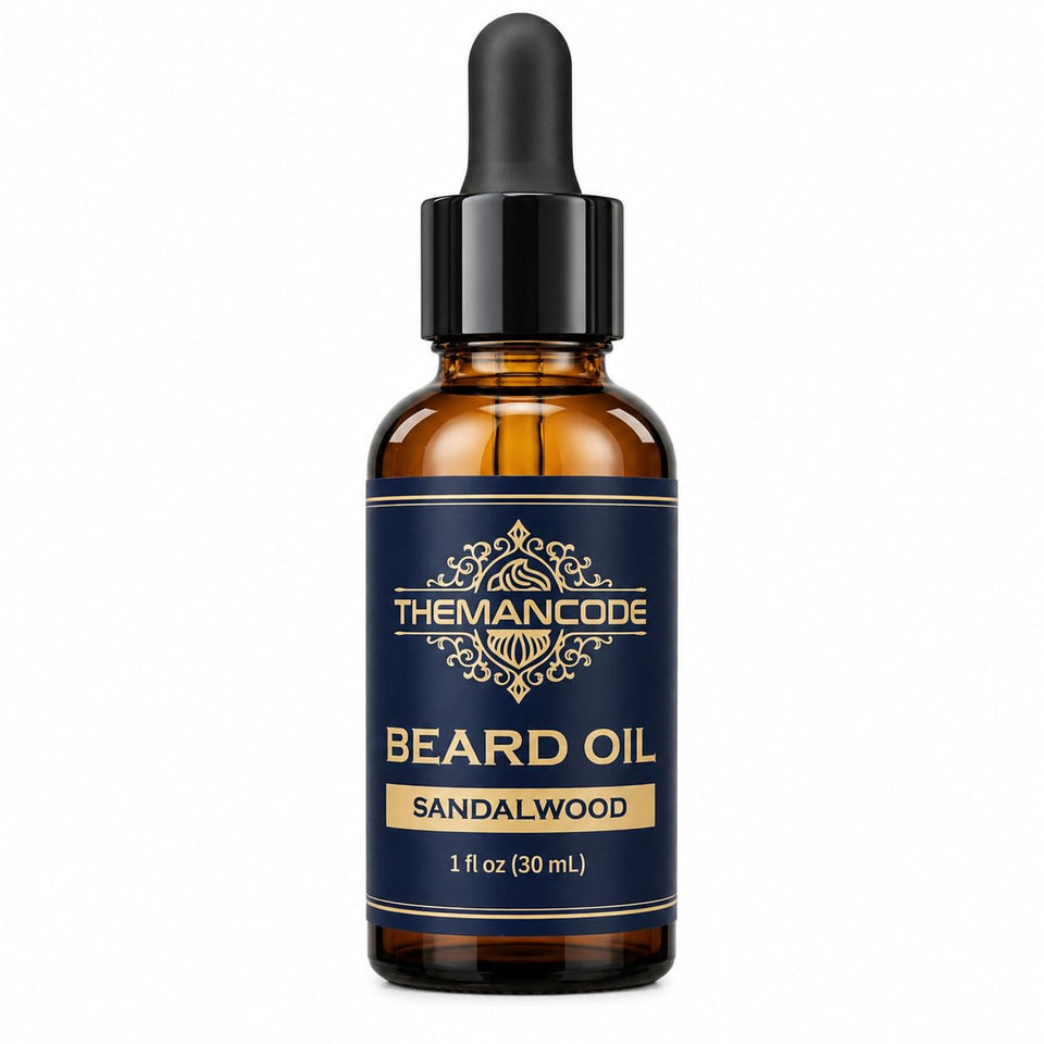 THEMANCODE bottle front packaging showing label and sandalwood scent benefit