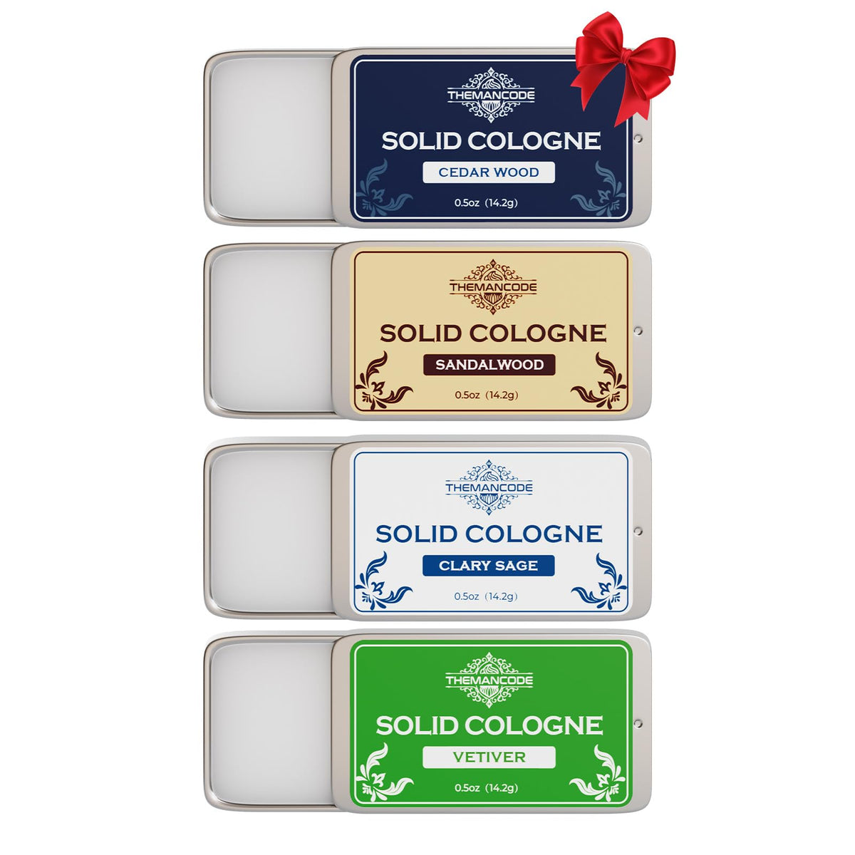 THEMANCODE four-pack front view showing all tins and labels for gifting convenience