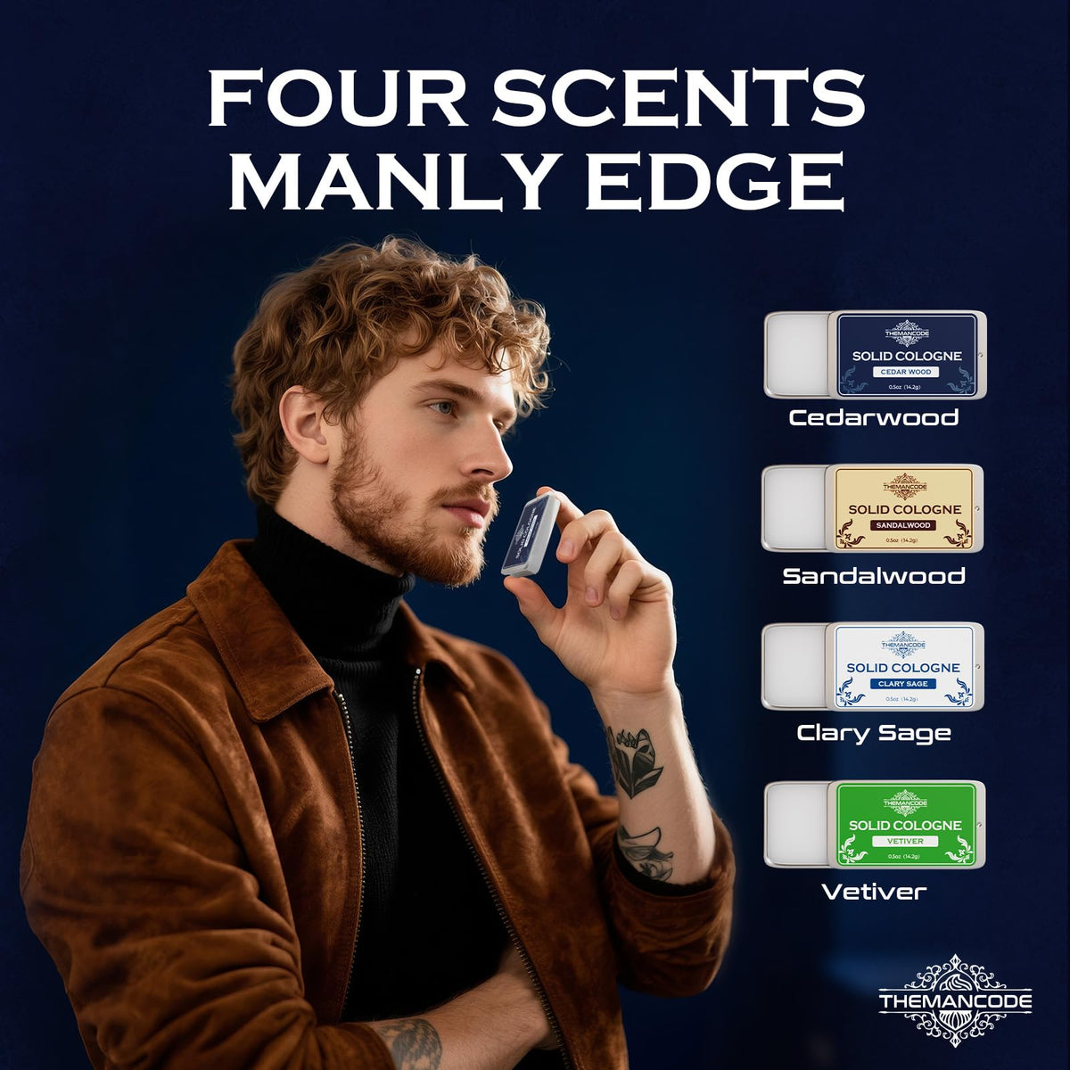 THEMANCODE Vetiver open tin beside fingers demonstrating quick on-the-go use